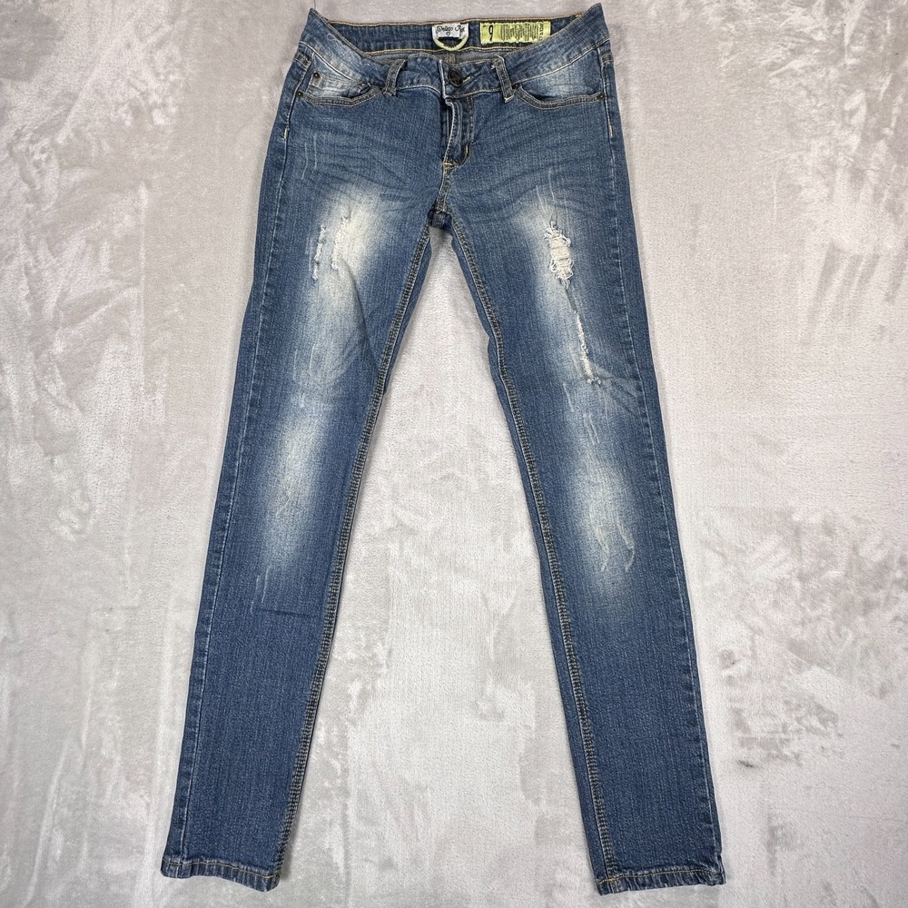 Indigo Rein Jeans Womens 9 Blue Denim Cotton Stretch Distressed Pockets Low Rise